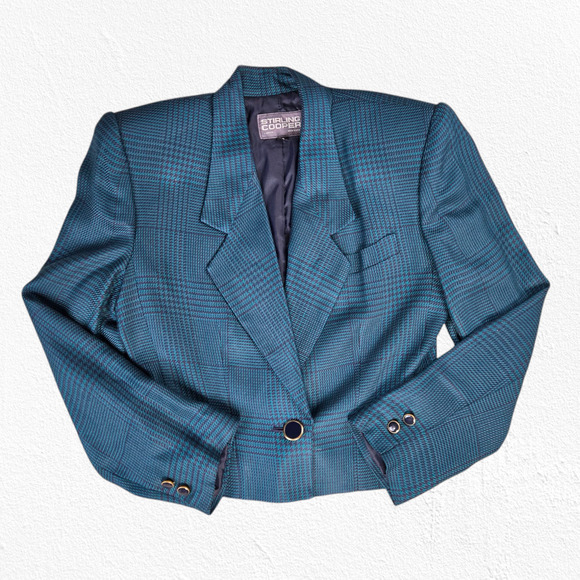 80s Vintage Green Navy Houndstooth Plaid Retro Workwear Power Skirt Suit Size 4 - Picture 3 of 16